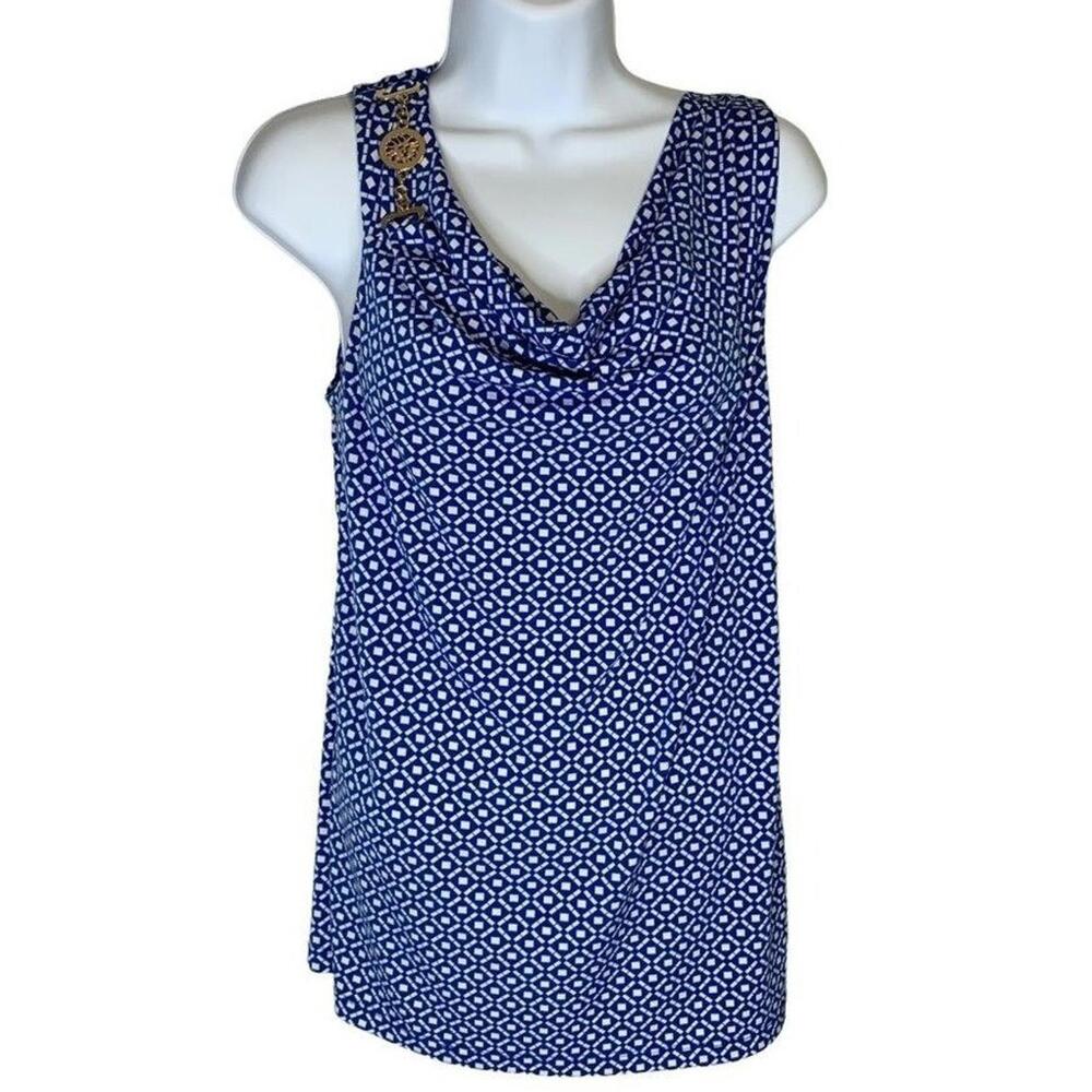 Anne Klein Women's Sleeveless Cowl‎ Neck Flowy Blouse Geometric Print Top Medium